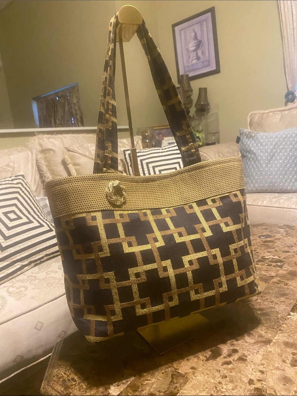 Black Gold Geometric Woven Shoulder Tote Bag